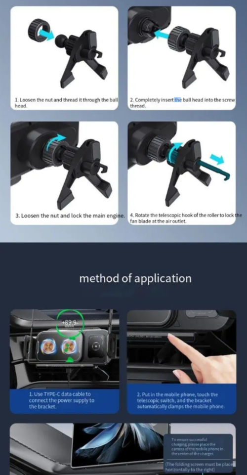 Um suporte de carregamento sem fio para carros dedicado a telas dobráveis, com carregamento rápido de 15W e tecnologia de supercapacitor. Pode ser aberto e fechado eletronicamente com um clique e suporta a troca entre tela horizontal e vertical. Feito de alumínio aeronáutico, é compatível com todos os modelos de telas dobráveis. Prende firmemente sem danificar o dispositivo e é um item essencial para aumentar a eficiência dos usuários de telas dobráveis para carregamento e navegação no carro.