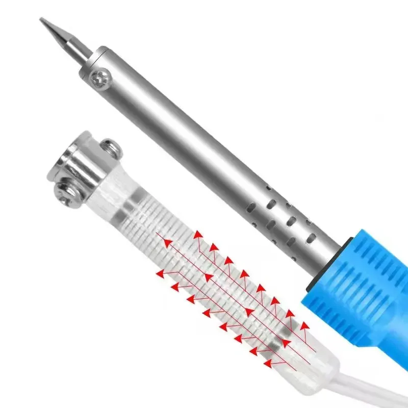 Ferro de solda elétrico de 60W, com uma alça antiderrapante para segurar confortavelmente, a ponta de metal conduz o calor rapidamente e fornece uma aderência de solda segura.  Uma vez conectado, ele aquece instantaneamente e a operação é simples.  É adequado para soldar componentes eletrônicos e reparar placas de circuito, e é uma ferramenta prática para iniciantes em eletrônica e reparos domésticos.  Ele ajuda você a se tornar facilmente um especialista em solda qualificado.