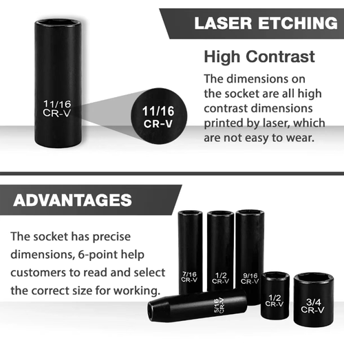 Conjunto de mangas de impacto de 50 peças, com cabo de catraca, haste estendida e conector de conversão.  Feito de aço cromo-vanádio, é durável e resistente a impactos.  A escala gravada a laser é transparente.  A caixa de armazenamento personalizada é portátil e fácil de encontrar, cobrindo todos os cenários de reparo automotivo e manutenção residencial.  É uma ferramenta eficiente tanto para reparos profissionais quanto para o dia a dia.