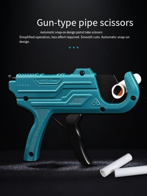 This gun-style pipe cutter features a gun-like design for easy grip and enables quick cutting of PPR.PE.PVC pipes with a diameter of ≤ 42mm, resulting in smooth cuts. It has an automatic locking mechanism and a material storage function for leftover materials. The black-edge SK5 steel blade is durable and is an efficient cutting tool for plumbing installation and home decoration repairs.