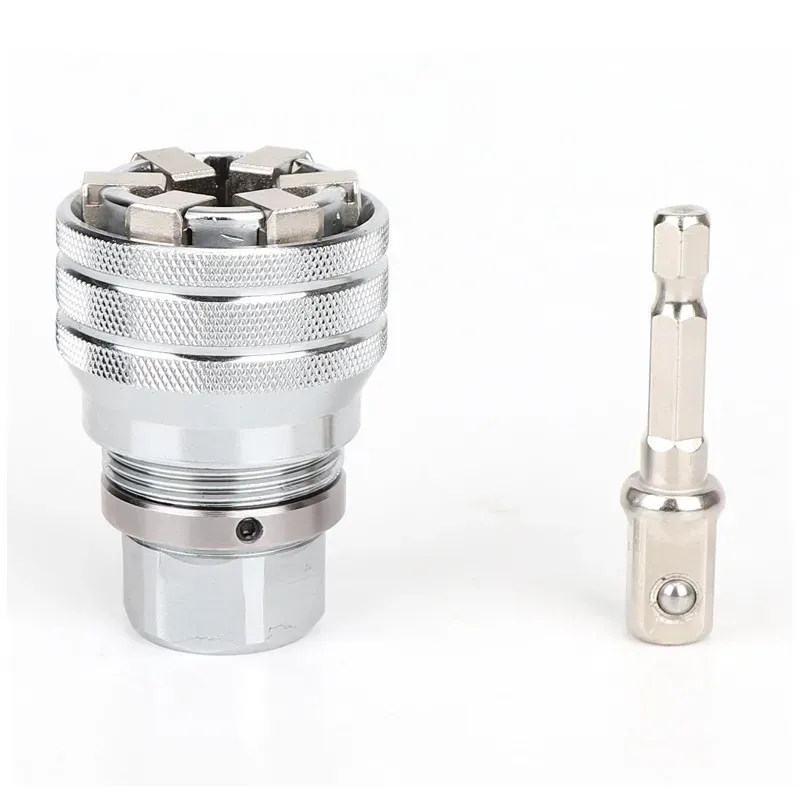 Conjunto de chave de soquete universal ajustável recém-aprimorado: Compatível com chaves elétricas, furadeiras elétricas, chaves de catraca.  Engata automaticamente múltiplas especificações de parafusos e porcas.  Tratamento à prova de ferrugem e desgaste.  Desmontagem rápida e design de operação fácil.  Adequado para uso em múltiplos cenários em reparos domésticos, manutenção de carros, processamento mecânico, canteiros de obras, etc.  Uma combinação de ferramentas de hardware multifuncional.