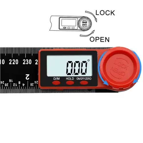 Régua de ângulo digital: O campeão de precisão, versátil em uma ferramenta, esquema de cores preto e vermelho, display digital + corpo de régua de metal, precisão ±0,1 °, também tem a função de uma régua reta, adequada para vários cenários, como marcenaria, construção e máquinas, é uma ferramenta de medição precisa para ângulos.