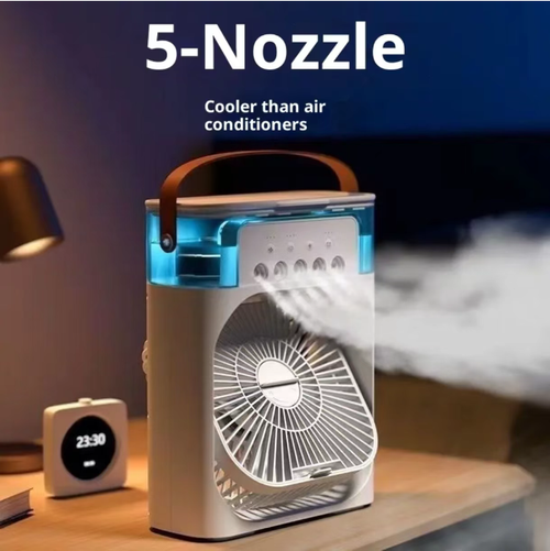O tanque de armazenamento de água emite névoa fria, fornecendo tanto ventilação quanto resfriamento e umidificação. escritórios e cozinhas.  Ele suporta fonte de alimentação para múltiplos dispositivos, tem uma alça para fácil portabilidade e vem com luz ambiente + temporizador.  Se você fizer um pedido hoje, receberá 2 ventiladores de resfriamento LED com cinco furos.  Eles são silenciosos e não atrapalham o sono, oferecendo frescor onde quer que você vá no verão.  Venha fazer seu pedido agora!