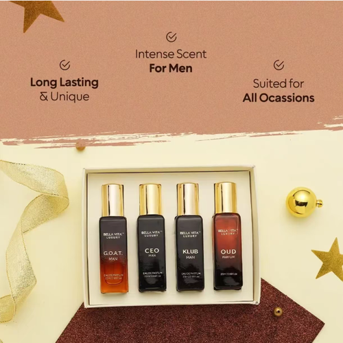 Conjunto de fragrâncias masculinas frescas e elegantes de longa duração, pacote de 4 peças.  Infunde um aroma corporal atmosférico no seu corpo.  Ele contém 4 fragrâncias leves de baixa saturação, como madeira fria e âmbar quente.  É fresco e não irritante, com uma fórmula de alta concentração que deixa uma fragrância duradoura.  A garrafa pequena é portátil e fácil de reabastecer.  A caixa de presente é elegante e prática, cobrindo todas as suas ocasiões com um charme invisível.