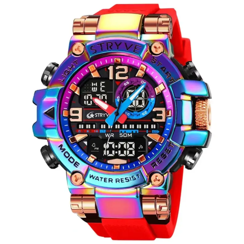 Fashionistas, rápido! Este relógio apresenta uma caixa cintilante que reflete um gradiente de cores. Combinado com uma tira vermelha brilhante, ele se torna instantaneamente o centro das atenções. Displays duplos e luminosidade noturna garantem leitura clara do tempo. É à prova d'água de 30 metros. É leve, respirável e não está sufocante no pulso. A embalagem da caixa preta tem excelente qualidade. Estudantes e fashionistas, podem comprar sem hesitar!