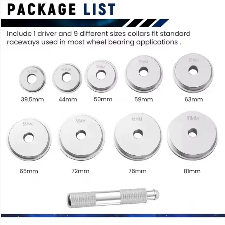 Ferramentas de instalação de rolamentos automotivos, 8 tipos de placas de instalação + hastes guia, adequadas para rolamentos de vários modelos. Liga de alumínio 6061 com tratamento anodizado, resistente à ferrugem e desgaste. A força de pressão é distribuída uniformemente para evitar danos. É mais estável do que o método de bater e mais fácil de operar para iniciantes. As ferramentas são classificadas e armazenadas em uma caixa de ferramentas para portabilidade.