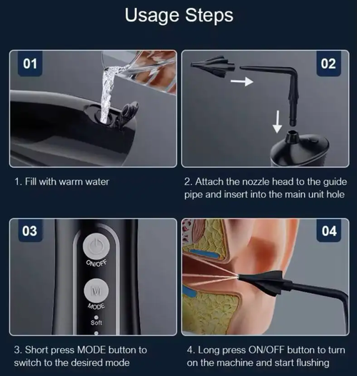 Este limpador elétrico utiliza um fluxo suave de água para limpar o canal auditivo com segurança, eliminando os riscos associados ao uso de cotonetes!  Os modos de limpeza com ponta de borracha macia + 4 são adequados para idosos, crianças e pessoas com canais auditivos sensíveis.  IPX7 à prova d'água + carregamento USB, com um reservatório de água de 300ml suficiente para uso.  Você pode desfrutar de um SPA relaxante no canal auditivo em casa, e pode ser usado por toda a família!