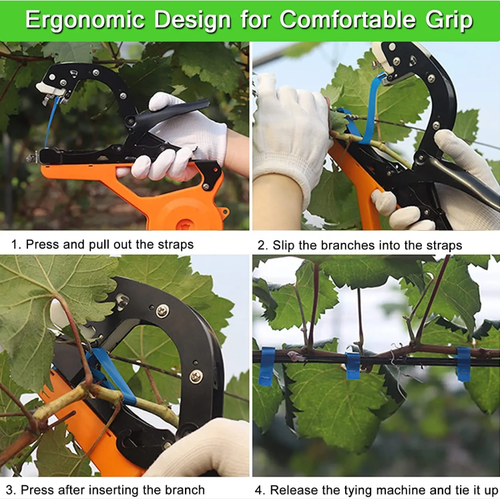 Esta máquina de amarração de treliça ergonômica oferece uma pegada confortável e é fácil de operar.  É adequado para várias culturas de videira, como uvas e pepinos, e o processo de amarração é eficiente e seguro.  Se você fizer um pedido hoje, também receberá 10.000 pregos + 5 rolos de fita adesiva, permitindo que você gerencie facilmente as vinhas e ajude suas plantações a crescerem vigorosamente!