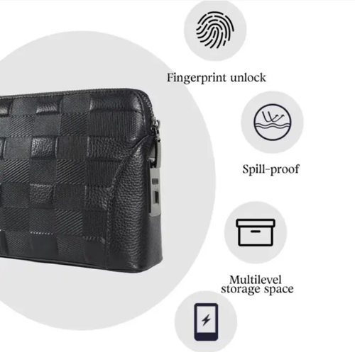 Bolsa de mão masculina com bloqueio por impressão digital e anti-roubo inteligente. Desbloqueio biométrico em 1 segundo, reconhece apenas o dono. Carrega uma vez e pode ser usada por 30 dias. Tecido resistente à água é durável. Múltiplos compartimentos para guardar telefones, carteiras, etc. Correia elástica no pulso evita a perda. Adequado para o trajeto do trabalho, viagens de negócios e passeios diários. Seguro, portátil e extremamente prático.