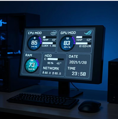 Tela secundária USB-C do computador: plug and play, sem necessidade de fonte ou driver.  Exibição em tempo real de CPU, uso da GPU, temperatura, memória e outros dados de hardware.  Verifique imediatamente o status durante jogos ou trabalho de escritório.  Múltiplos temas para trocar, com efeito de brilho noturno para melhorar a atmosfera da área de trabalho.  Compacto e não ocupa muito espaço.  Compatível com desktops e laptops.  Prático e com boa aparência visual.