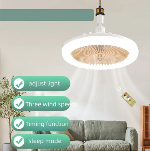 O dispositivo mágico de luz suave soprado pelo vento, soldando o frescor ao teto, combinando iluminação e soprando ar em um só.  Parafuso do tipo E27, sem necessidade de furar furos.  A auto-instalação em 5 minutos é super conveniente.  3 cores suaves de luz para proteção ocular, 3 ventos silenciosos e suaves para dissipar o calor, pás invisíveis sem fazer os pelos enrolarem ou acumularem poeira.  Com uma lâmpada, você pode alcançar o dobro do conforto!