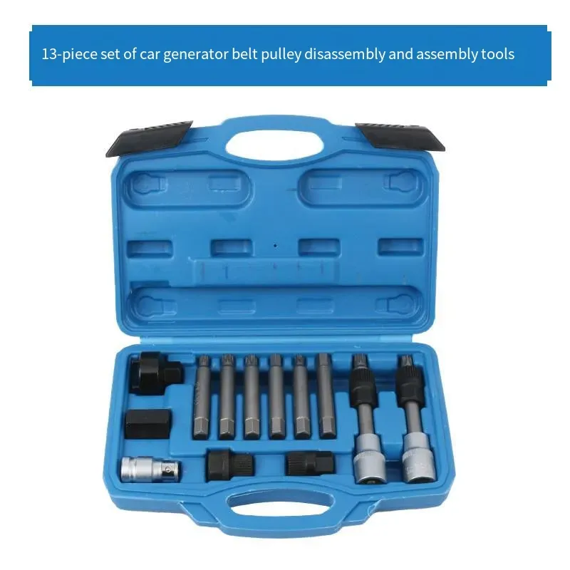 Conjunto de 13 ferramentas para desmontagem e montagem de polias de correia do gerador do carro, feitas de aço cromo-vanádio e materiais de liga, com alta dureza, boa resistência à ferrugem e durabilidade. A caixa de armazenamento é portátil e fácil de acessar, e a desmontagem e montagem são precisas e sem esforço. É um assistente eficiente e profissional para manutenção de polias de correia para técnicos de reparo automotivo.