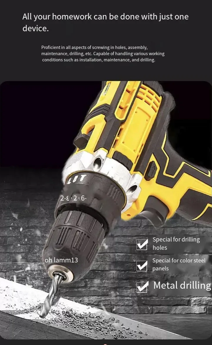 Um conjunto completo de ferramentas domésticas, com um berbequim de iões de lítio com carregamento rápido e um longo tempo de espera, além de uma gama completa de acessórios. As diferentes cabeças de chave de fendas são adequadas para diversos parafusos, chaves de bocas e alicates para satisfazer os requisitos de aperto, ferramentas de medição para controlar dimensões com precisão e ferramentas de corte e retificação para processamento fino.