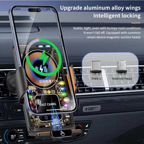 Suporte de carregamento sem fio para carros com carga rápida de 66W: Abertura e fechamento inteligente do sensor, braço de liga leve + almofada de silicone para proteção estável e resistente a riscos.  Cabeça esférica universal de 360° compatível com múltiplas saídas de ar de veículos, compatível com protocolos de carregamento rápido de várias marcas e pode fornecer carregamento rápido em baixas temperaturas sem danificar a bateria. estável mesmo em estradas esburacadas.