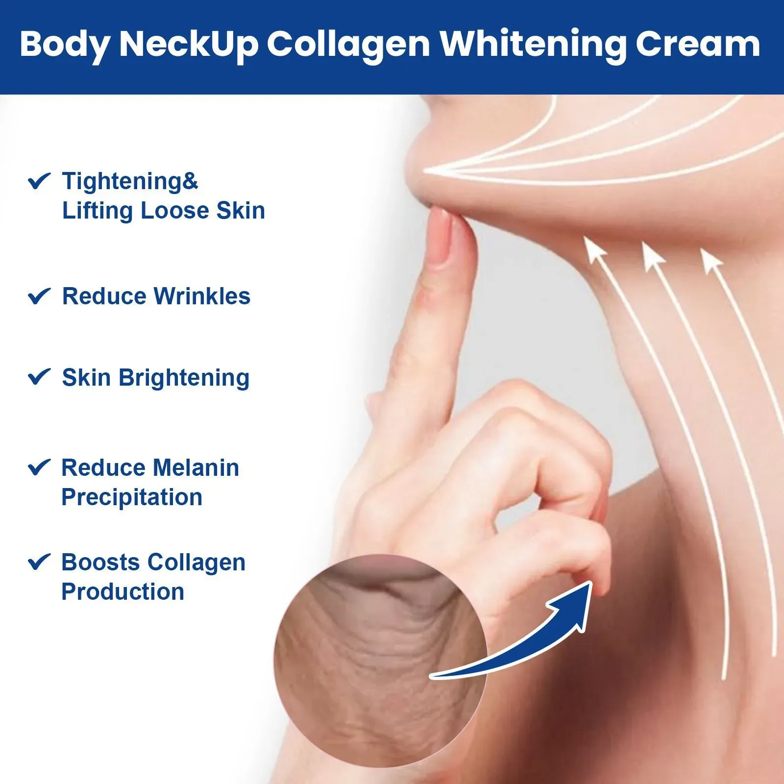 O Collagen Neck Cream, que contém colágeno, reduz linhas finas e rugas, ilumina e suaviza a pele do pescoço, e absorve rapidamente em segundos sem deixar resíduos pegajosos nas roupas.  Solicite pela manhã e à noite.  Ela pode suavizar gradualmente as linhas horizontais do pescoço e as camadas, deixando a pele do pescoço brilhante e próxima ao rosto.  Pode ser reaplicado a qualquer momento.  Até a pessoa preguiçosa pode alcançar um senso de refinamento!