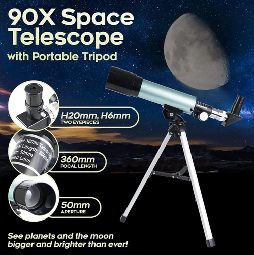 Telescópio Espacial 90x (com tripé portátil): Equipado com duas oculares - H20mm e H6mm, possui distância focal de 360mm e abertura de 50mm.  Pode fazer com que os planetas e a lua pareçam muito maiores e mais brilhantes diante de seus olhos.  É um excelente ajudante para os entusiastas da astronomia explorarem convenientemente o universo.  Apresenta as maravilhosas cenas do universo diante de seus olhos, o que é realmente surpreendente!