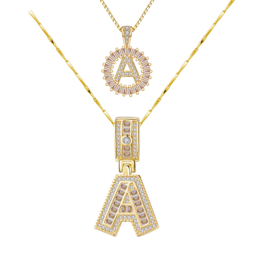 Conjunto de 2 Peças, Colar em Forma de A de Zircônia de Diamantes Completos: Dourado com diamantes brilhantes, Ideal para uso diário, pode ser combinado com uma camisa que revela um brilho sutil, usado sobre um moletom com capuz para realçar a textura, ou combinado com um vestido de veludo para dar um toque suave de sombreamento.  Guardar para si é um símbolo de exclusividade.  Dê para seu melhor amigo ou parceiro e escreva 'Você é minha opção A' nela, e use no pescoço.