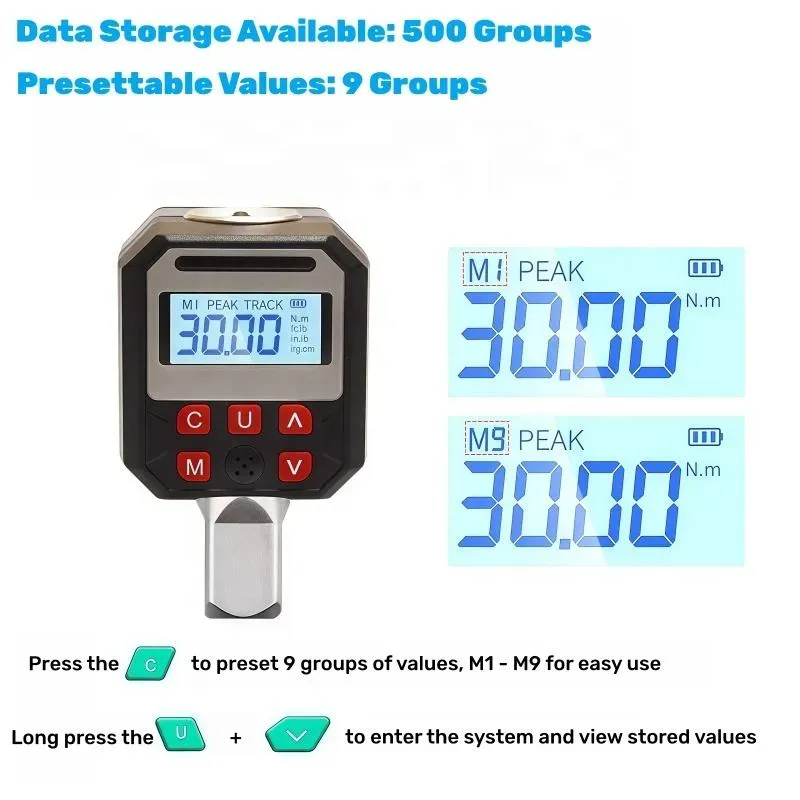 Adaptador de torque digital de alta precisão, com alta precisão e tela LCD grande, suportando conversões de 4 unidades.  Equipado com múltiplas cabeças de conversão de especificações para se adaptar a todos os cenários.  Ele possui alarmes sonoros e visuais para evitar sobrecarga.  Ele oferece modos duplos que combinam medição em tempo real e travamento de picos, garantindo um aperto de parafusos preciso e compatível.  É uma ferramenta essencial para reparo automotivo e montagem de equipamentos.