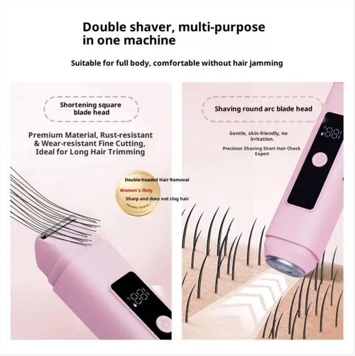 Modelo LCD de depilação feminina com duas cabeças: Duas cabeças podem cortar separadamente cabelos longos e curtos.  A rede de lâmina de 0,05mm adere à pele sem dor.  É à prova d'água IPX6 e pode ser usado para tomar banho. É do tamanho da palma da mão e portátil.  Pode ser usado 15 vezes após ser carregado uma vez.  Ele pode cuidar da área dos lábios, axilas e partes íntimas.  É amigável para peles sensíveis e pode facilmente fazer os pelos corporais desaparecerem.