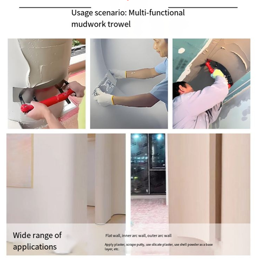 Raspador de massa ajustável em forma de arco que pode caber em várias superfícies curvas, como arcos internos e externos.  A lâmina de aço inoxidável é durável e pode ser usada para vários fins, como raspar massa e remover gesso de parede.  É fácil de desmontar e montar, tornando-o adequado para iniciantes criarem paredes curvas lisas e arredondadas.  É uma ferramenta eficiente para a construção de superfícies curvas.