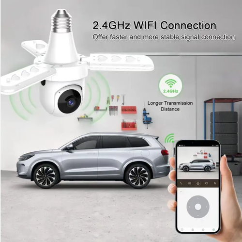 Câmera bulbo estilo ventilador, 1080P full HD + visão noturna colorida, panorâmica de 360° sem pontos cegos.  Comunicação remota de áudio bidirecional.  Iluminação sem fio pronta para uso na instalação.  Também equipado com um ventilador silencioso.  Controle com um clique via aplicativo móvel.  Funções integradas para segurança, iluminação e ventilação.  Escolha esta opção para proteção doméstica inteligente.