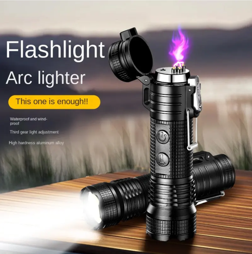 Lanterna com arco elétrico, combinando ignição por arco elétrico à prova de vento e lanterna de luz forte.  Carregamento USB-C, design de travamento de segurança, à prova de vento e durável.  Adequado para fogueira de acampamento ao ar livre, navegação noturna ou uso de emergência em veículos.  É um equipamento de emergência versátil para uso externo e diário.