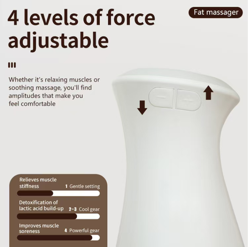 Segure o dispositivo de massagem corporal.  O design excêntrico das rodas apresenta frequências de vibração profundas.  Possui quatro níveis de força ajustáveis.  O formato ergonômico do corpo é portátil e fácil de segurar.  É adequado para várias partes, como cintura e abdômen, braços, etc.  Pode moldar o corpo e relaxar os músculos.  É um personal trainer móvel para modelagem e uso em escritórios em casa.