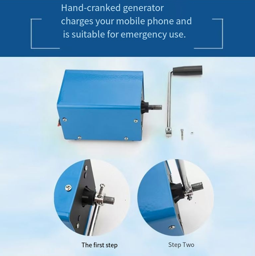 Gerador manual com manivela, dispositivo de reabastecimento de energia de emergência, gerando eletricidade com a alavanca, carregamento direto via USB, iluminação externa com lâmpada, adequado para situações de uso de energia emergencial como ao ar livre, mercados noturnos e quedas de energia.  O corpo é compacto e portátil, com uma carcaça metálica durável, alça antiderrapante para facilitar o uso, adaptável a vários cenários, prático e confiável.