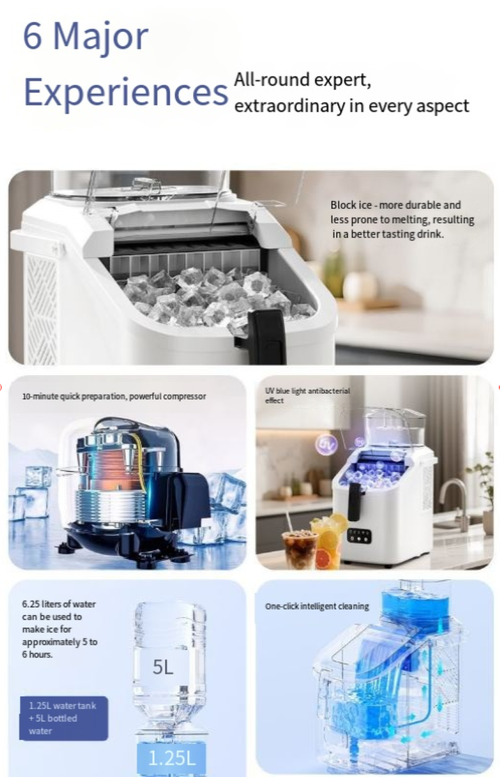 A máquina de gelo essencial para o verão quente, pode produzir gelo em 6-8 minutos e permite que você desfrute livremente de cubos de gelo.  Com limpeza automática com um clique, garante a limpeza e nenhum cheiro desagradável dos cubos de gelo.  O design compacto é adequado para vários cenários, permitindo que você desfrute de bebidas geladas a qualquer momento e se refresque durante todo o verão!
