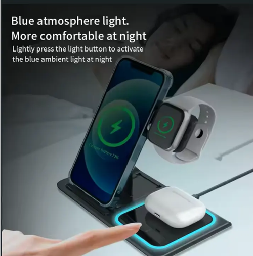 Meu Deus!  Este carregador sem fio três em um é simplesmente incrível.  Basta colocá-lo no chão e ele começa a carregar.  Também pode servir como suporte para telefone.  Quando a luz ambiente está acesa, a vibração tecnológica é instantaneamente elevada.  Ele pode carregar vários dispositivos simultaneamente e o carregamento rápido é super rápido.  É dobrável e portátil, e a luz ambiente é extremamente bonita.  É realmente o polivalente no mundo do carregamento e é incrivelmente poderoso.