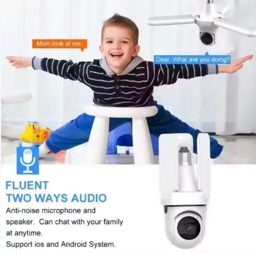 Câmera bulbo estilo ventilador, 1080P full HD + visão noturna colorida, panorâmica de 360° sem pontos cegos.  Comunicação remota de áudio bidirecional.  Iluminação sem fio pronta para uso na instalação.  Também equipado com um ventilador silencioso.  Controle com um clique via aplicativo móvel.  Funções integradas para segurança, iluminação e ventilação.  Escolha esta opção para proteção doméstica inteligente.