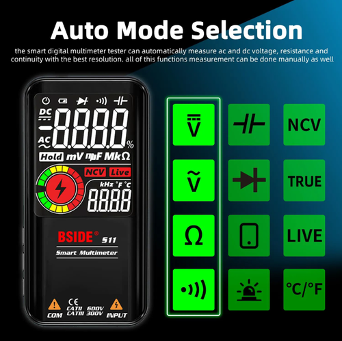 Multímetro digital LCD colorido alimentado por bateria: Uma ferramenta de medição tudo-em-um para eletricistas, com uma tela colorida de alta definição para exibição clara de dados, seleção automática inteligente de faixas, várias proteções, portabilidade e facilidade de uso.  É uma escolha precisa e conveniente para medições elétricas.