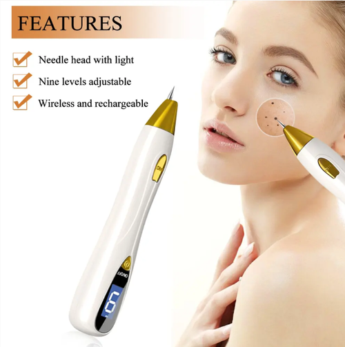 Faça tratamentos leves de beleza em casa facilmente!  Esta caneta inteligente para remoção de pintas possui 5 configurações ajustáveis.  As agulhas finas são controladas com precisão, Pode ser usado para remover sinais, manchas desbotadas e clarear marcas de acne.  Até iniciantes conseguem dominá-lo.  Você pode cuidar de si mesma em casa ou durante as viagens, economizando dinheiro e tempo no salão de beleza.  Uma caneta resolve pequenas falhas, e o efeito delicado é alcançado sem esforço!