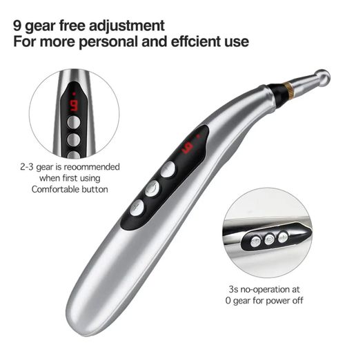 Caneta de massagem elétrica, design portátil em formato de caneta, 9 níveis ajustáveis, com ecrã digital. Versão recarregável, ponta metálica substituível, adequada para alívio diário em ombros, pescoço, membros e outras partes. Tamanho compacto fácil de transportar, operação simples, limpe a superfície de contacto antes de usar e comece a experiência no nível baixo, ideal para relaxamento em casa.