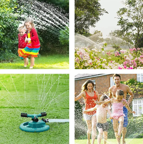 O aspersor de três pinos com rotação de 360 graus, que serve tanto para jardinagem quanto para a diversão infantil, apresenta rotação contínua de 360°, garantindo cobertura uniforme e extensa da água.  Ele pode ser conectado ao cano de água e usado imediatamente.  É altamente eficiente e conveniente para regar flores e grama, e também pode se tornar uma área de brincadeiras aquáticas para crianças no verão.  É um item indispensável para irrigação do jardim e para a interação entre pais e filhos.