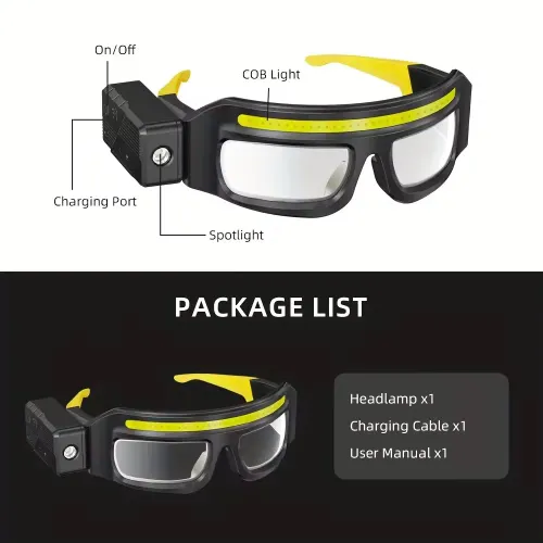 Este farol estilo óculos integra o farol e os óculos em um único design, tornando-o leve e confortável de usar.  A fonte de luz de alto lúmen fornece iluminação clara, tem bateria de longa duração e é durável.  Ele também oferece proteção para os olhos e é adequado para reparos automotivos, atividades ao ar livre e artesanato, liberando suas mãos e garantindo uma jornada brilhante para seu trabalho e exploração.