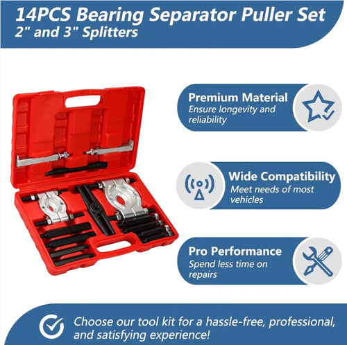 O kit de desmontagem do separador de rolamentos, com 14-121 peças disponíveis em diferentes especificações, é adequado para rolamentos de diferentes tamanhos.  É feito de aço de liga e é resistente à ferrugem e durável.  A combinação ajustável de separador + RAM garante uma desmontagem suave sem danificar os componentes.  É adequado para reparos automotivos, manutenção industrial e outras situações.  É uma ferramenta eficiente para manutenção profissional e faça você mesmo.