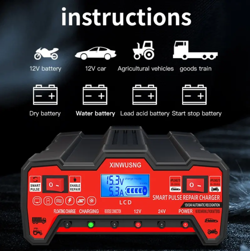 Carregador de bateria de carro tipo universal, reparo de pulso inteligente, reconhecimento automático de 12V, 24V.  Compatível com gasolina, veículos a diesel, motocicletas, máquinas agrícolas, etc.  Múltiplas medidas de proteção para maior segurança.  É uma ferramenta completa e sem preocupações para carregamento e reparo de baterias.