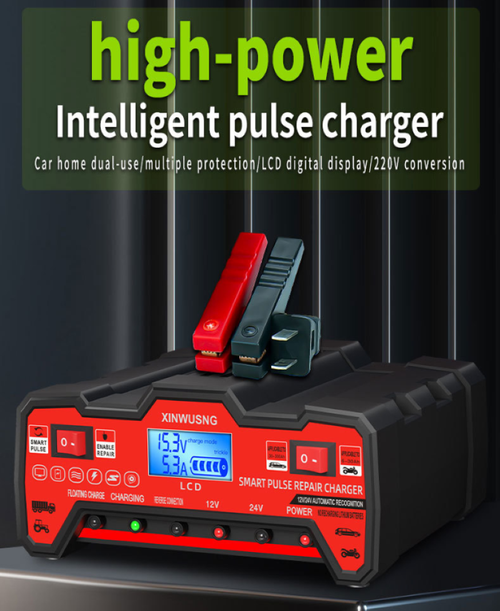 Carregador de bateria de carro tipo universal, reparo de pulso inteligente, reconhecimento automático de 12V, 24V.  Compatível com gasolina, veículos a diesel, motocicletas, máquinas agrícolas, etc.  Múltiplas medidas de proteção para maior segurança.  É uma ferramenta completa e sem preocupações para carregamento e reparo de baterias.