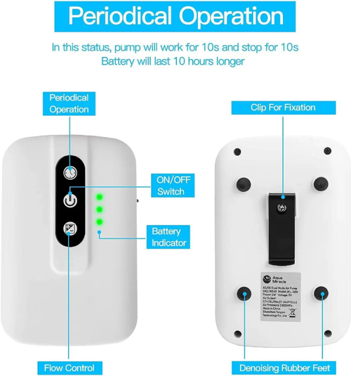 Oxigenador móvel de dois tubos ao ar livre, ultra-silencioso, carregamento móvel + fonte de alimentação USB,Os dois tubos podem ser conectados a 2 pedras de ar,adequadas para baldes de peixes vivos, tanques de água.Compacto o suficiente para caber na palma da mão, fácil de operar com um único botão.  Pode ser usado para pesca e operações ao ar livre com animais vivos.  Fornece oxigênio de forma uniforme e constante, mantendo os peixes frescos até que cheguem às suas mãos sem derramar o estômago!