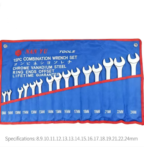 Conjunto de chave inglesa dupla de 15 peças: cobre todas as especificações de 8mm a 24mm, forjado em aço de cromo-vanádio + garantia vitalícia, cromado jateado para prevenção de ferrugem e durabilidade.  mecanismo de trava em arco para estabilidade, torque forte no soquete, cabo mais longo e grosso para facilidade de uso, fácil de guardar em saco para rápido retorno ao uso, adequado para reparos automotivos, melhorias residenciais, faça você mesmo e aplicações em geral.