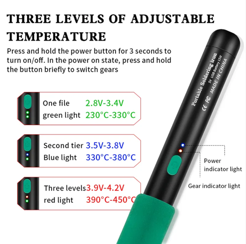 Ferro de solda elétrico portátil, permitindo novas possibilidades na criação eletrônica.  Com três configurações de ajuste de temperatura para controle preciso da temperatura, ele pode ser alimentado por USB e é portátil e fácil de transportar.  Adequado tanto para reparo eletrônico quanto para criação de bricolage, ele pode lidar com componentes delicados e grandes pontos de solda.  Equipado com acessórios completos, é uma excelente ferramenta de soldagem na área de eletrônica.
