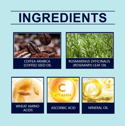 O spray para crescimento capilar contém café, minerais, vitaminas e aminoácidos.  Um spray leve pode nutrir profundamente os fios do cabelo – ele repara os danos causados por permanentes e colorações, reduz quebras, além de suavizar o frizz e dar brilho, deixando o cabelo forte e brilhante.  Tem uma textura refrescante e não oleosa, e é fácil de usar a qualquer momento com apenas um leve spray.  É portátil e não causa nenhum problema.