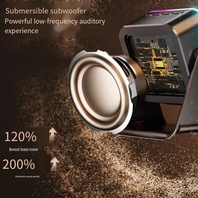 Suporte de alto-falante indutivo, com Bluetooth 5.3 + estabilidade de conexão de modo duplo com fio, bateria de 5000mAh para uso de 6 horas, efeito de iluminação de chama fria de 360 ° para melhorar totalmente a atmosfera, é um companheiro audiovisual imersivo tudo-em-um para entusiastas de áudio.