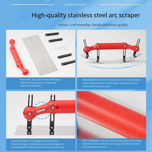 Raspador de massa ajustável em forma de arco que pode caber em várias superfícies curvas, como arcos internos e externos.  A lâmina de aço inoxidável é durável e pode ser usada para vários fins, como raspar massa e remover gesso de parede.  É fácil de desmontar e montar, tornando-o adequado para iniciantes criarem paredes curvas lisas e arredondadas.  É uma ferramenta eficiente para a construção de superfícies curvas.