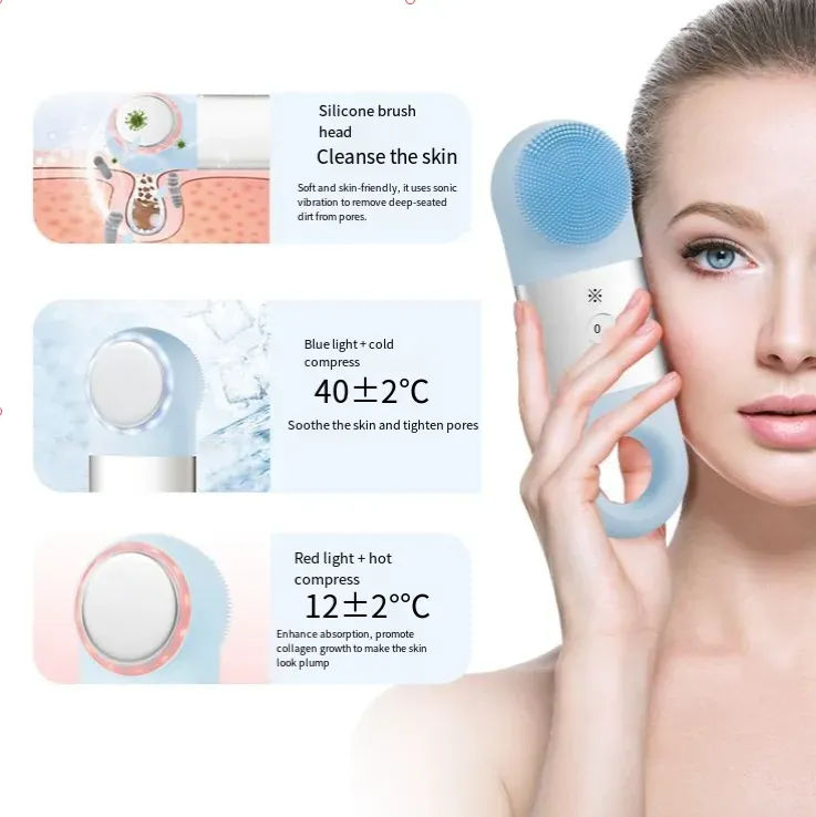 Limpador facial ultrassônico de silicone frio e quente, vibração de alta frequência + cabeça de escova de silicone para limpeza profunda dos poros, modos duplos de frio e quente para promover absorção e encolher os poros. Tipo C de carregamento rápido + IPX7 à prova d'água. Adequado para peles sensíveis. Transforma o ato de lavar o rosto em uma experiência luxuosa de cuidados com a pele, deixando sua pele radiante e lisa.