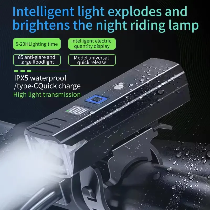 Luz noturna de ciclismo com sensor de luz inteligente, liga desliga automaticamente de acordo com a intensidade da luz.   Os faróis antirreflexo 65 Art iluminam as condições da estrada.   Carregamento rápido tipo C com bateria de 5 a 20 horas, IPX5 à prova d'água.   Suporte de desmontagem rápida compatível com vários guidões.   É o farol para os pilotos noturnos, garantindo sua segurança e conveniência.