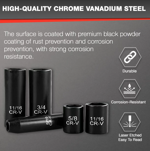 Conjunto de mangas de impacto de 50 peças, com cabo de catraca, haste estendida e conector de conversão.  Feito de aço cromo-vanádio, é durável e resistente a impactos.  A escala gravada a laser é transparente.  A caixa de armazenamento personalizada é portátil e fácil de encontrar, cobrindo todos os cenários de reparo automotivo e manutenção residencial.  É uma ferramenta eficiente tanto para reparos profissionais quanto para o dia a dia.
