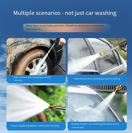Canhão de água de alta pressão com forte pressão, força de lavagem poderosa. Remova facilmente sujeira e musgo do carro. A mangueira telescópica economiza espaço (pode ser estendida até 15 metros). 3 modos de saída de água para comutação. Adequado para lavar carros, regar flores e limpar a varanda. O conector totalmente de cobre não vaza água. A alça antiderrapante é prática e econômica!