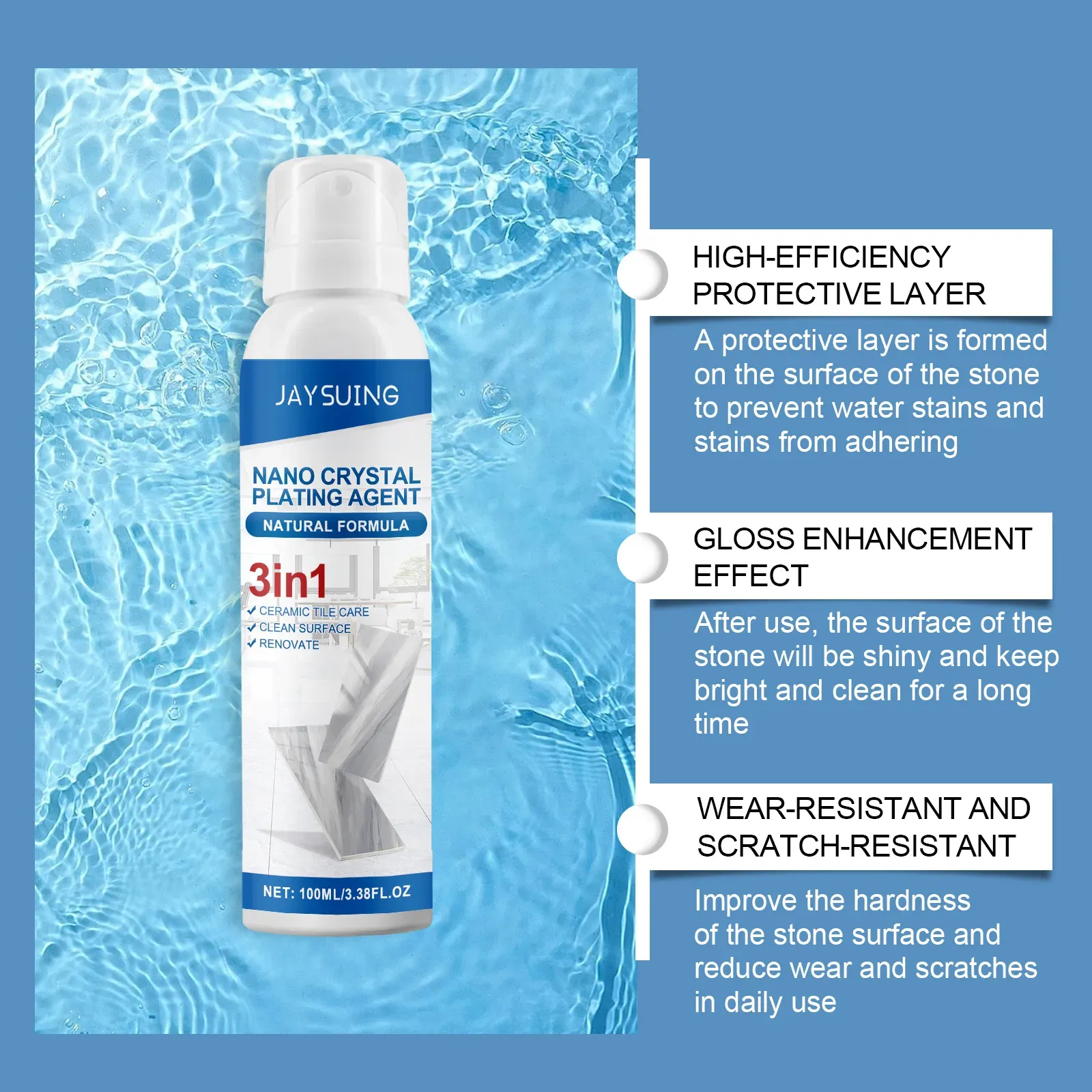 Spray de cristal com revestimento nano, 1 spray e 1 lenço para aplicar uma película protetora em azulejos, pedras e madeira: anti-manchas, anti-danos, dobro do brilho, seca em 3 minutos, simples de usar e sem cheiro.  Peça hoje e compre 2 frascos, cobrindo o cuidado domiciliar por meio ano.  Os materiais da cozinha e da sala podem ser renovados, gastar um centavo para abastecer de energia dupla e criar facilmente um brilho digno de decoração!